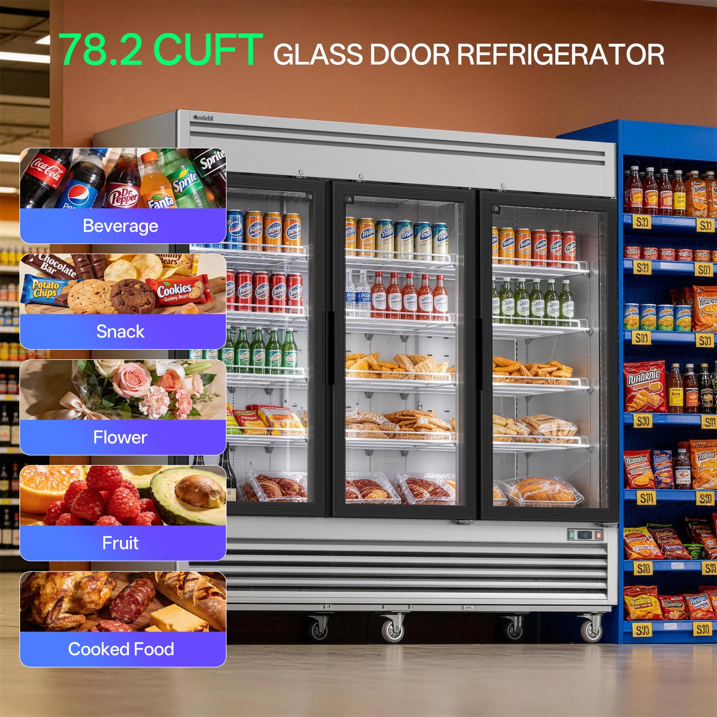 Coolski 82 in. 78.2 cu. ft. Auto / Cycle Defrost 3-Glass Door Commercial Reach In Display Upright Freezer in Stainless Steel