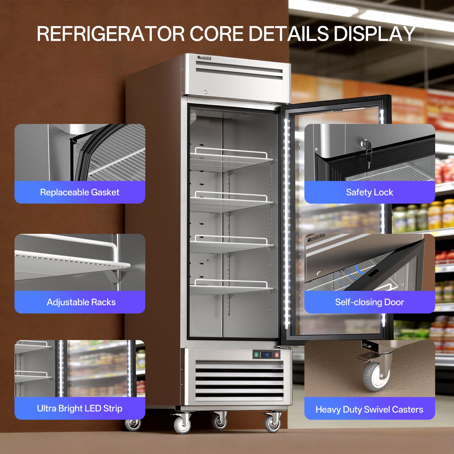 Coolski 27 in. 21.8 cu. ft. Auto / Cycle Defrost 1-Glass Door Commercial Reach In Display Upright Freezer in Stainless Steel