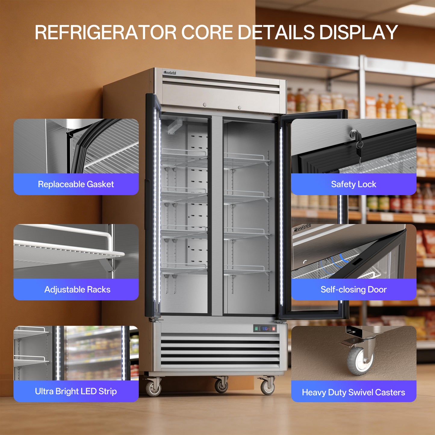Coolski 40 in. 33.5 cu. ft. Commercial Display Refrigerator Merchandiser Beverage Cooler 2 Glass Door in Stainless Steel