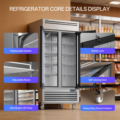 Coolski 40 in. 33.5 cu. ft. Commercial Display Refrigerator Merchandiser Beverage Cooler 2 Glass Door in Stainless Steel