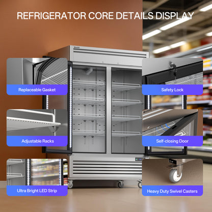 Coolski 54 in. 47.5 cu. ft. Commercial Display Refrigerator Merchandiser Beverage Cooler 2 Glass Door in Stainless Steel