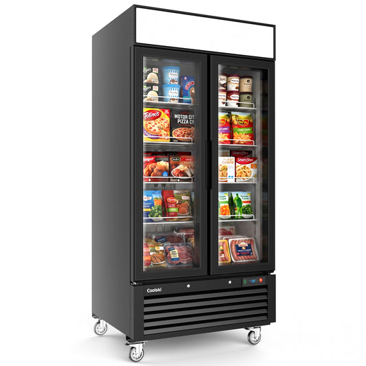 Coolski 40’’ W Commercial Display Freezer, 35 cu.ft Upright Merchandiser Freezer for Supermarket, Restaurant, Cafe, Bar, Top Customizable Light Box, Automatic Defrost, ETL&DOE Certified