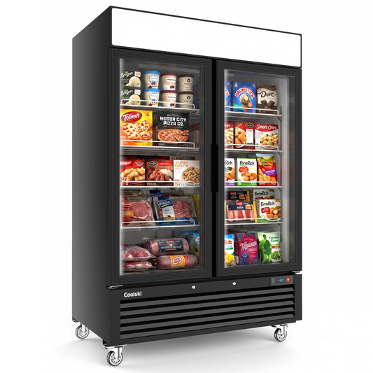 Coolski 54’’ W Commercial Display Freezer, 49 cu.ft Upright Merchandiser Freezer for Supermarket, Restaurant, Cafe, Bar, Top Customizable Light Box, Automatic Defrost, ETL&DOE Certified