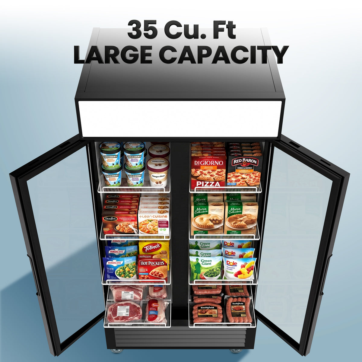 Coolski 40’’ W Commercial Display Freezer, 35 cu.ft Upright Merchandiser Freezer for Supermarket, Restaurant, Cafe, Bar, Top Customizable Light Box, Automatic Defrost, ETL&DOE Certified