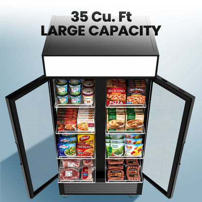 Coolski 40’’ W Commercial Display Freezer, 35 cu.ft Upright Merchandiser Freezer for Supermarket, Restaurant, Cafe, Bar, Top Customizable Light Box, Automatic Defrost, ETL&DOE Certified