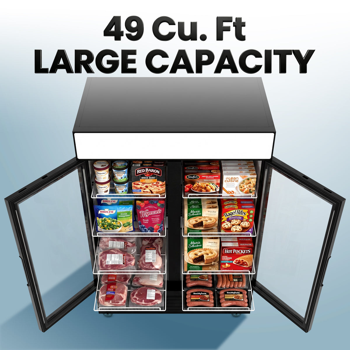 Coolski 54’’ W Commercial Display Freezer, 49 cu.ft Upright Merchandiser Freezer for Supermarket, Restaurant, Cafe, Bar, Top Customizable Light Box, Automatic Defrost, ETL&DOE Certified