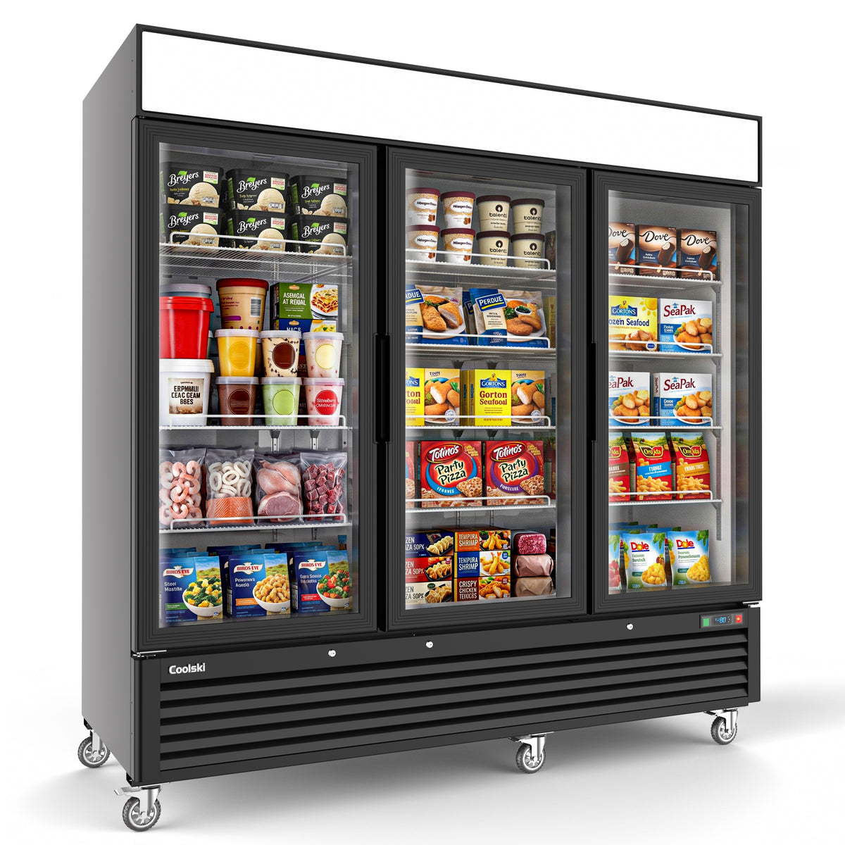 Coolski 82’’ W Commercial Display Freezer, 72 cu.ft Upright Merchandiser Freezer for Supermarket, Restaurant, Cafe, Bar, Top Customizable Light Box, Automatic Defrost, ETL&DOE Certified
