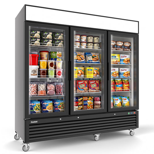 Coolski 82’’ W Commercial Display Freezer, 72 cu.ft Upright Merchandiser Freezer for Supermarket, Restaurant, Cafe, Bar, Top Customizable Light Box, Automatic Defrost, ETL&DOE Certified