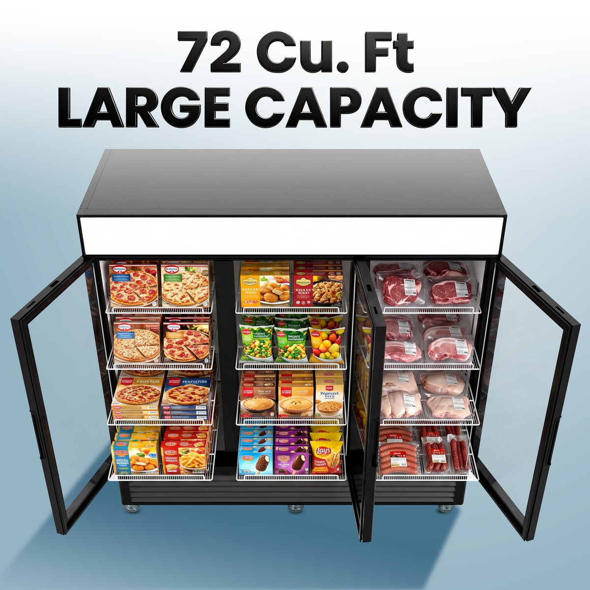 Coolski 82’’ W Commercial Display Freezer, 72 cu.ft Upright Merchandiser Freezer for Supermarket, Restaurant, Cafe, Bar, Top Customizable Light Box, Automatic Defrost, ETL&DOE Certified