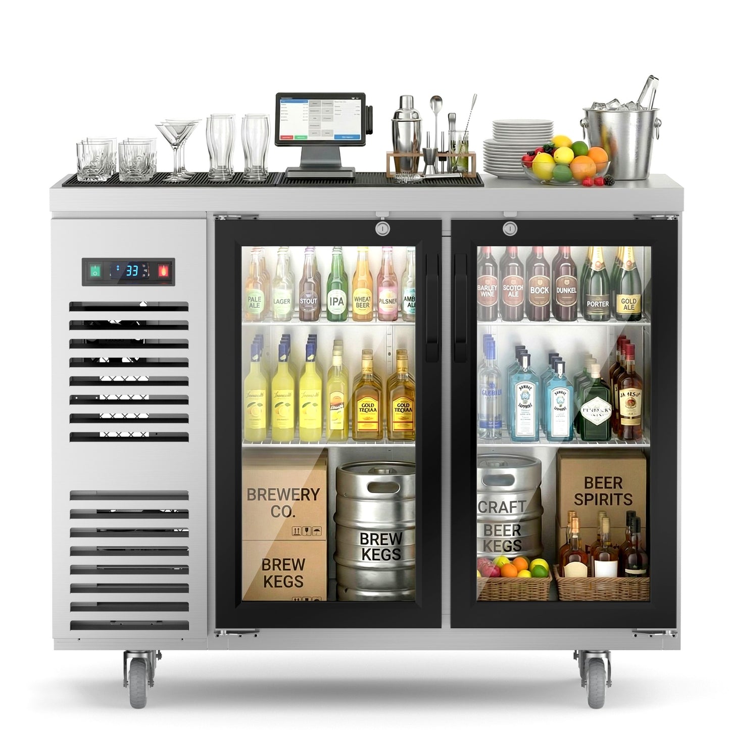 Coolski 48 in. W 15.1 cu. ft. Commercial Under Height Back Bar Cooler Refrigerator with Glass Door in Stainless Steel