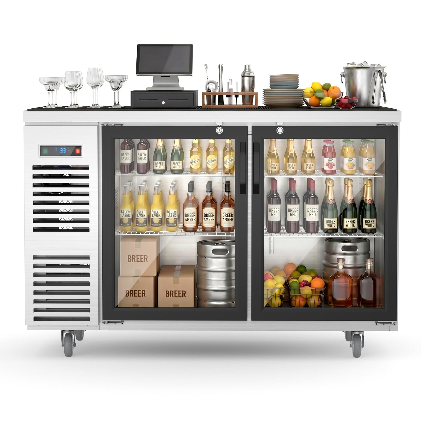Coolski 60 in. W 20.5 cu. ft. Commercial Under Height Back Bar Cooler Refrigerator with Glass Door in Stainless Steel