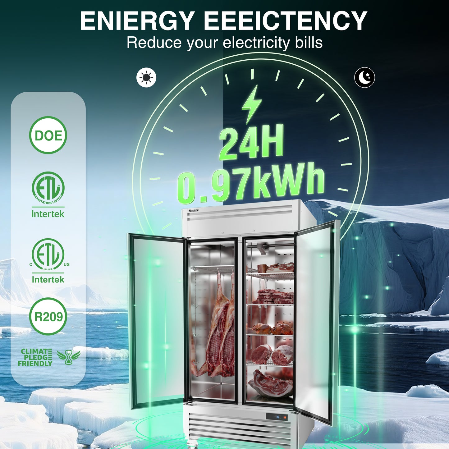 Coolski 40 in. 35 cu. ft. Auto / Cycle Defrost Commercial Refrigerator Reach in 2 Door Upright Refrigerator in Stainless Steel