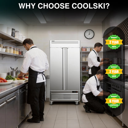 Coolski 40 in. 35 cu. ft. Auto / Cycle Defrost Commercial Refrigerator Reach in 2 Door Upright Refrigerator in Stainless Steel