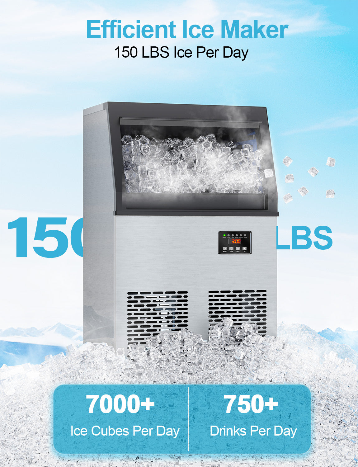 Coolski Commercial Ice Maker Machine 150LBS/24H