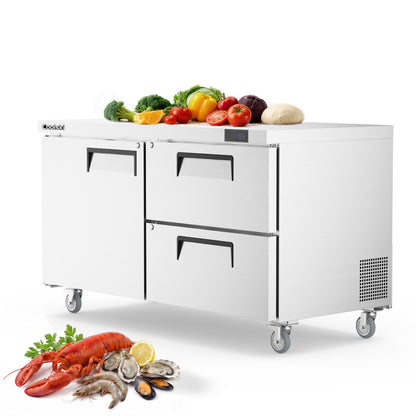 Coolski 60 in. Commercial Undercounter Worktop Refrigerator With Double Drawer, 15.3 cu. ft. Stainless Steel Food Prep Station