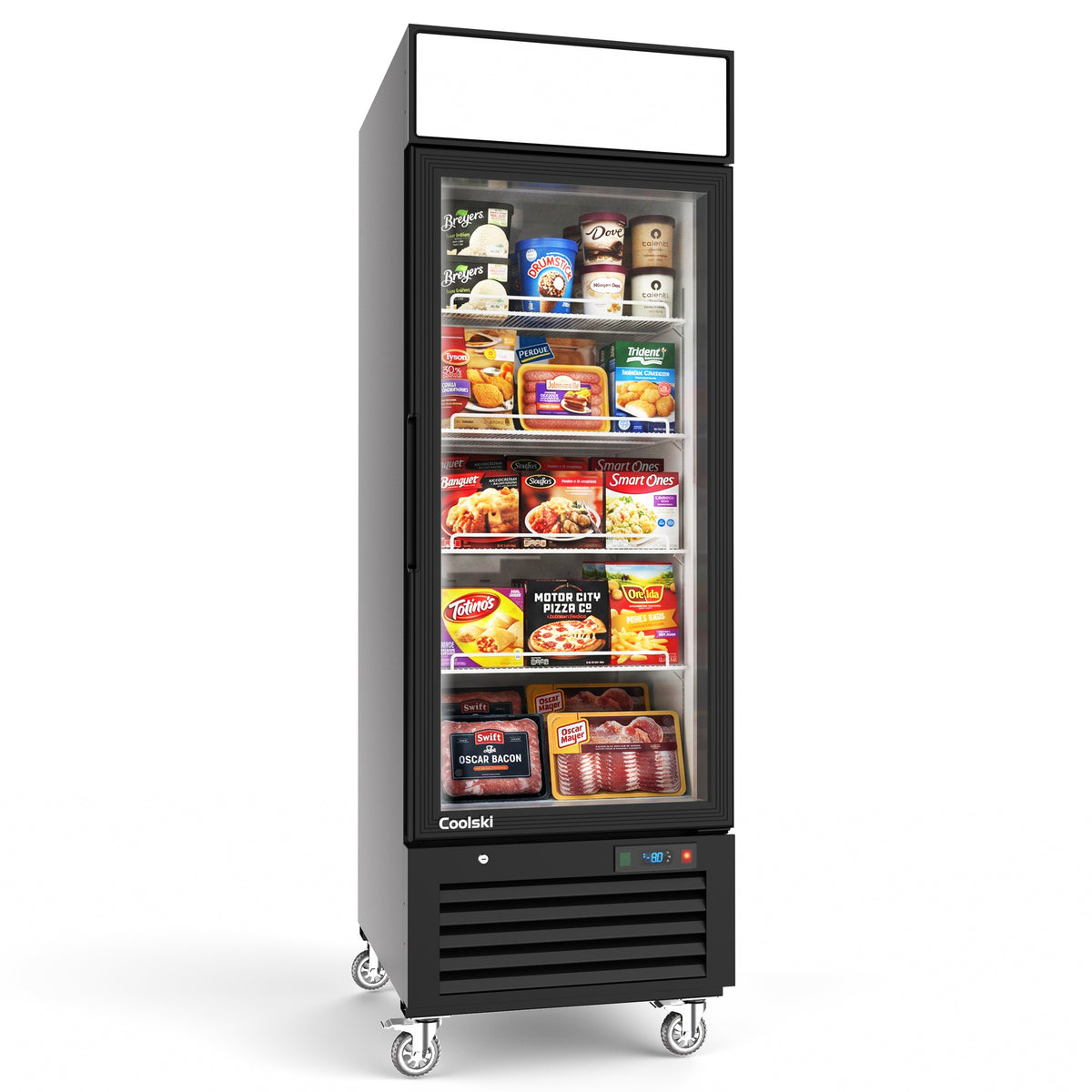 Coolski 27’’ W Commercial Display Freezer, 19.42 cu.ft Upright Merchandiser Freezer for Supermarket, Restaurant, Cafe, Bar, Top Customizable Light Box, Automatic Defrost, ETL&DOE Certified
