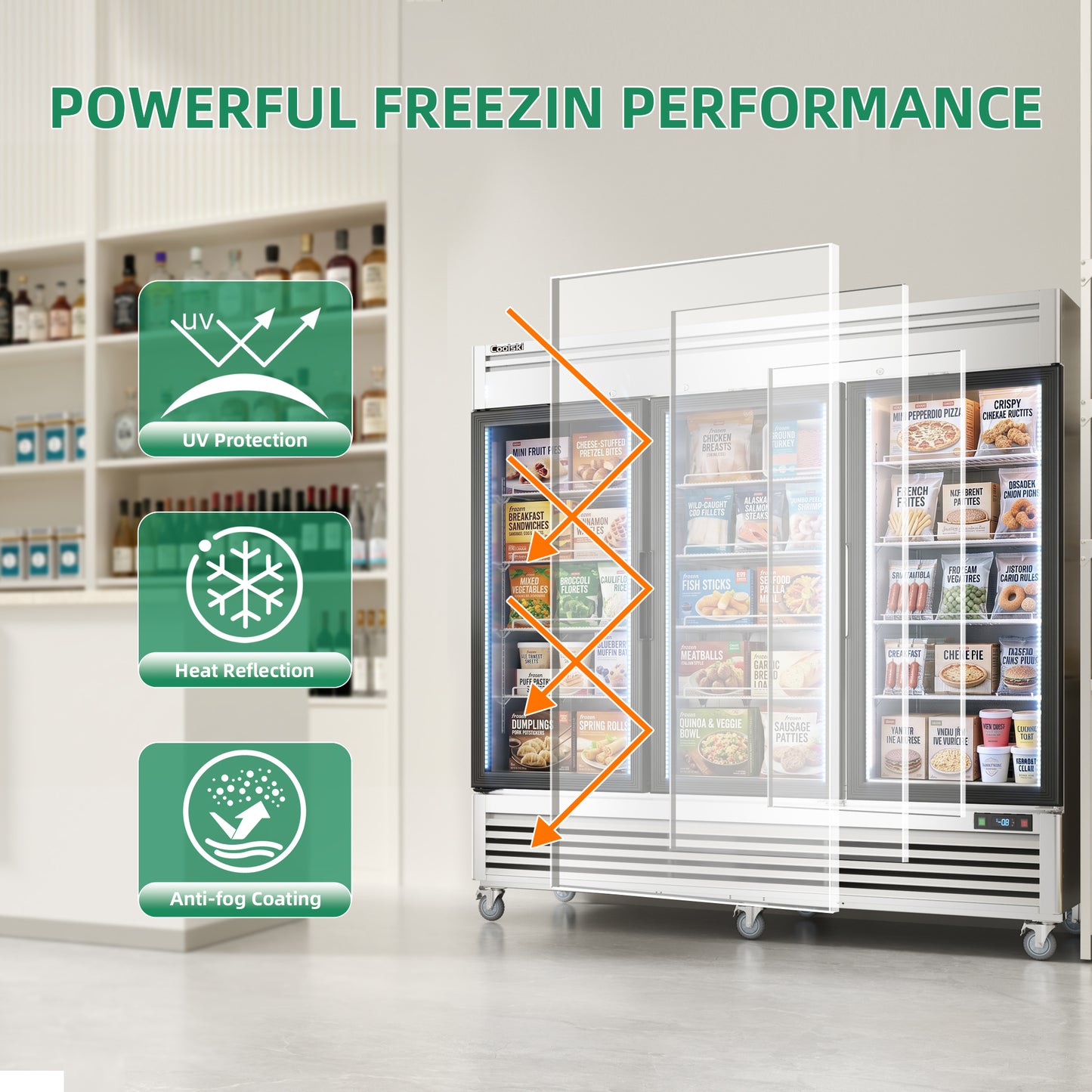 Coolski 82 in. 78.2 cu. ft. Auto / Cycle Defrost 3-Glass Door Commercial Reach In Display Upright Freezer in Stainless Steel