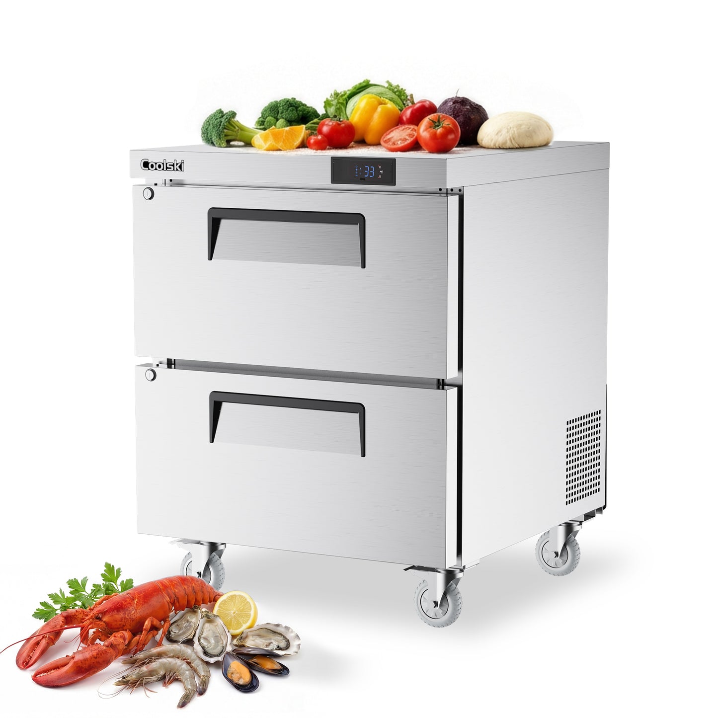 Coolski 27 in. Commercial Undercounter Worktop Refrigerator With Double Drawer, 5.2 cu. ft. Stainless Steel Food Prep Station