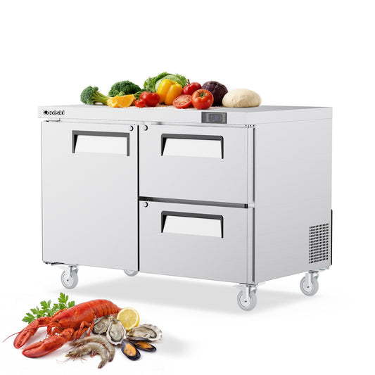 Coolski 48 in. Commercial Undercounter Worktop Refrigerator With Double Drawer, 12.1 cu. ft. Stainless Steel Food Prep Station