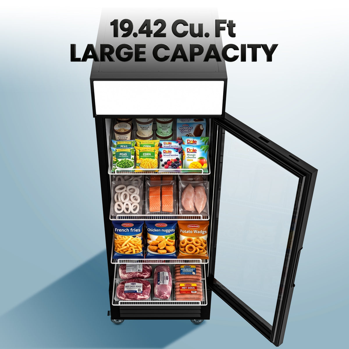 Coolski 27’’ W Commercial Display Freezer, 19.42 cu.ft Upright Merchandiser Freezer for Supermarket, Restaurant, Cafe, Bar, Top Customizable Light Box, Automatic Defrost, ETL&DOE Certified