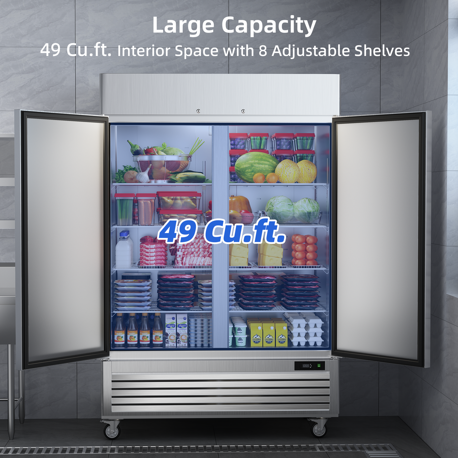 Coolski 54" W Commercial Refrigerator 2 Door, 49 Cu.Ft Fan Cooling Reach-In Cooler Stainless Steel Upright Refrigerator, 33 to 41℉, Auto Defrosting, LED Light 8 Shelves, 4 Wheels on Fridge.com