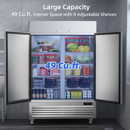 Coolski 54'' W Commercial Refrigerator Stainless Steel Reach-in Refrigerator with 49 Cu.Ft Capacity