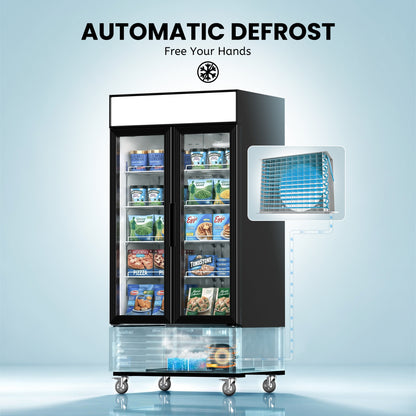 Coolski 40’’ W Commercial Display Freezer, 35 cu.ft Upright Merchandiser Freezer for Supermarket, Restaurant, Cafe, Bar, Top Customizable Light Box, Automatic Defrost, ETL&DOE Certified