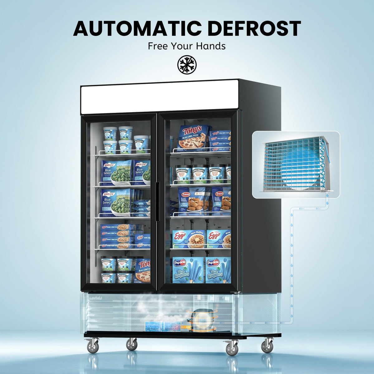 Coolski 54’’ W Commercial Display Freezer, 49 cu.ft Upright Merchandiser Freezer for Supermarket, Restaurant, Cafe, Bar, Top Customizable Light Box, Automatic Defrost, ETL&DOE Certified