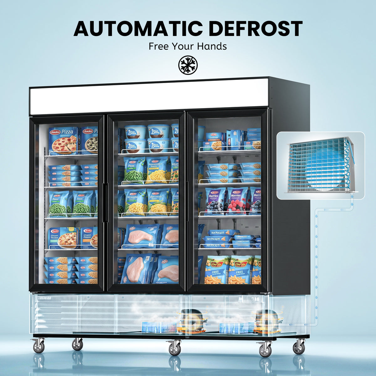 Coolski 82’’ W Commercial Display Freezer, 72 cu.ft Upright Merchandiser Freezer for Supermarket, Restaurant, Cafe, Bar, Top Customizable Light Box, Automatic Defrost, ETL&DOE Certified