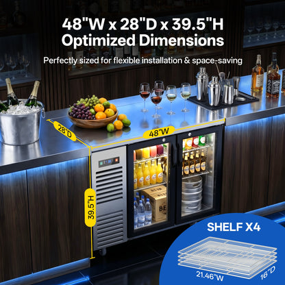 Coolski 48 in. W 15.1 cu. ft. Commercial Under Height Back Bar Cooler Refrigerator with Glass Door in Stainless Steel