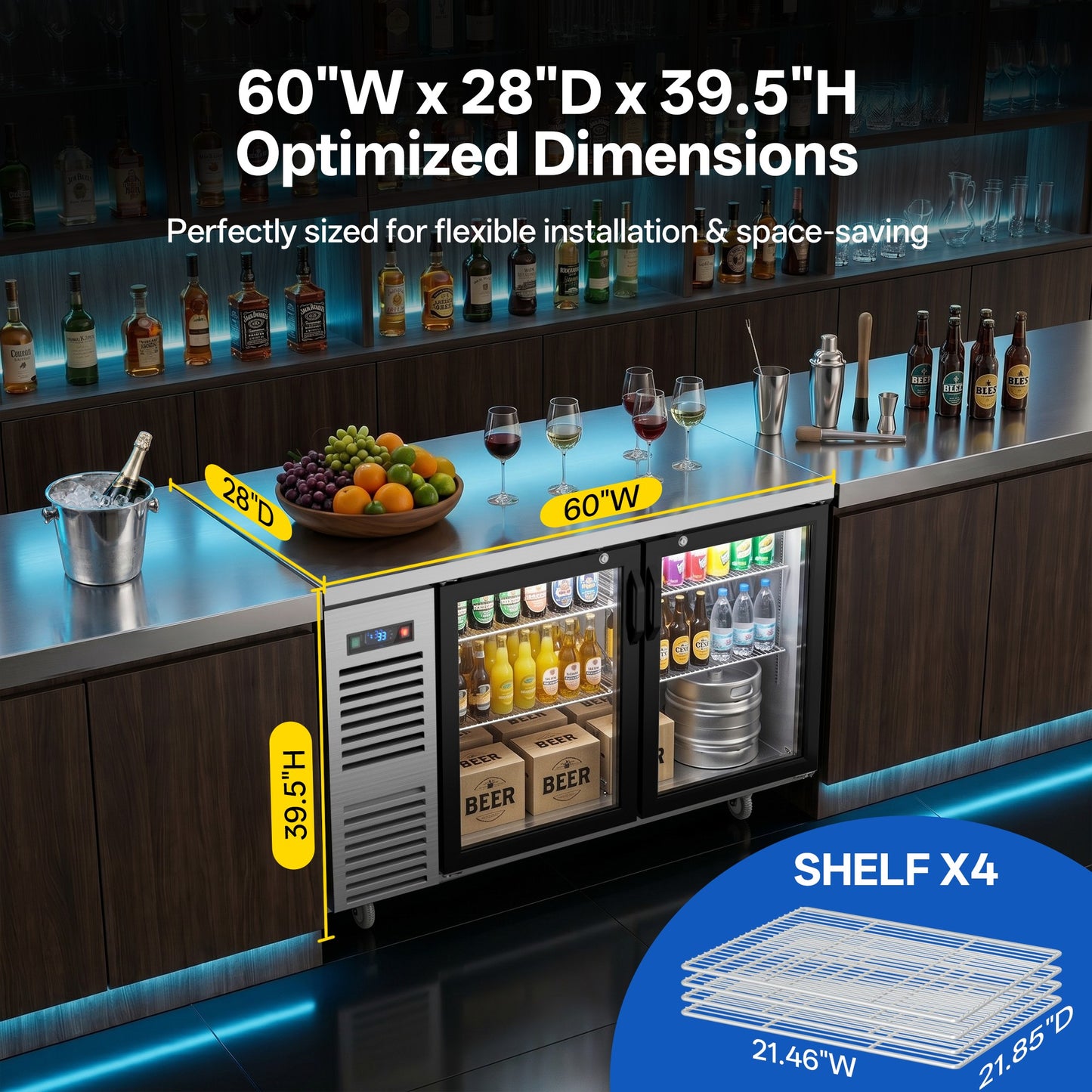 Coolski 60 in. W 20.5 cu. ft. Commercial Under Height Back Bar Cooler Refrigerator with Glass Door in Stainless Steel