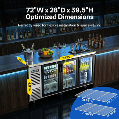 Coolski 72 in. W 25.6 cu. ft. Commercial Under Height Back Bar Cooler Refrigerator with Glass Door in Stainless Steel