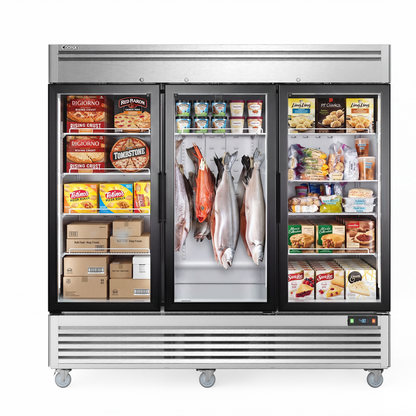 Coolski 82 in. 78.2 cu. ft. Auto / Cycle Defrost 3-Glass Door Commercial Reach In Display Upright Freezer in Stainless Steel