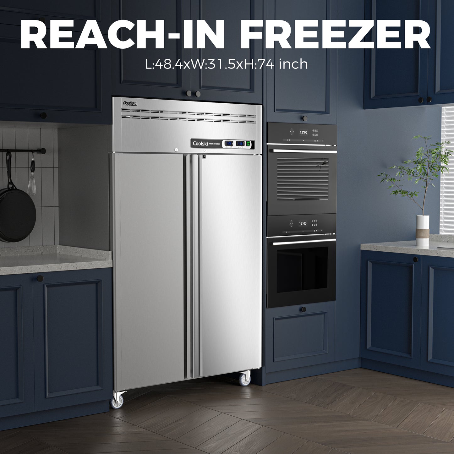 Coolski 48" W Commercial Refrigerator and Freezer Combo, 36 Cu.ft 2 Section Stainless Steel Solid Door