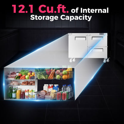 Coolski 48 in. Commercial Undercounter Worktop Refrigerator With Double Drawer, 12.1 cu. ft. Stainless Steel Food Prep Station