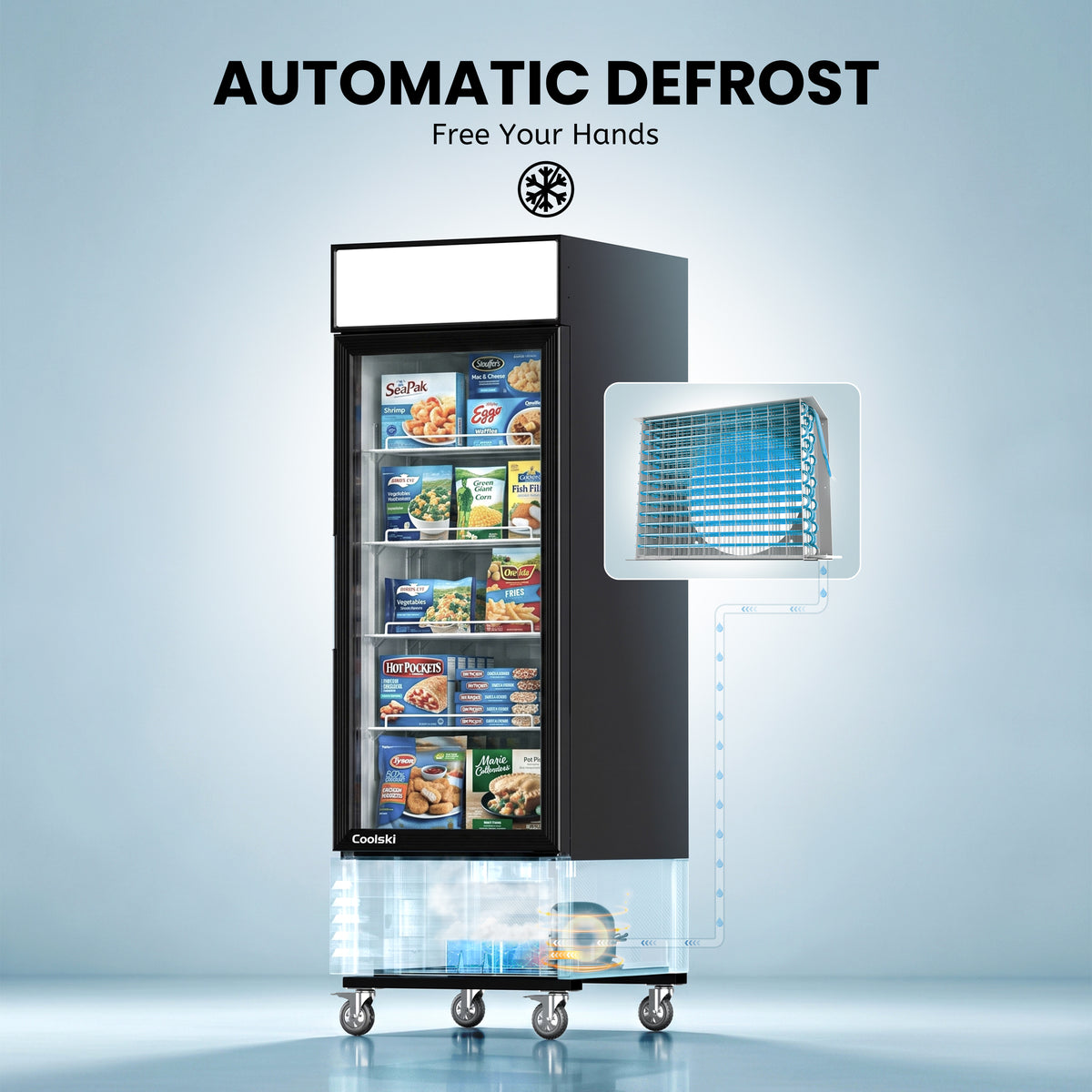 Coolski 27’’ W Commercial Display Freezer, 19.42 cu.ft Upright Merchandiser Freezer for Supermarket, Restaurant, Cafe, Bar, Top Customizable Light Box, Automatic Defrost, ETL&DOE Certified
