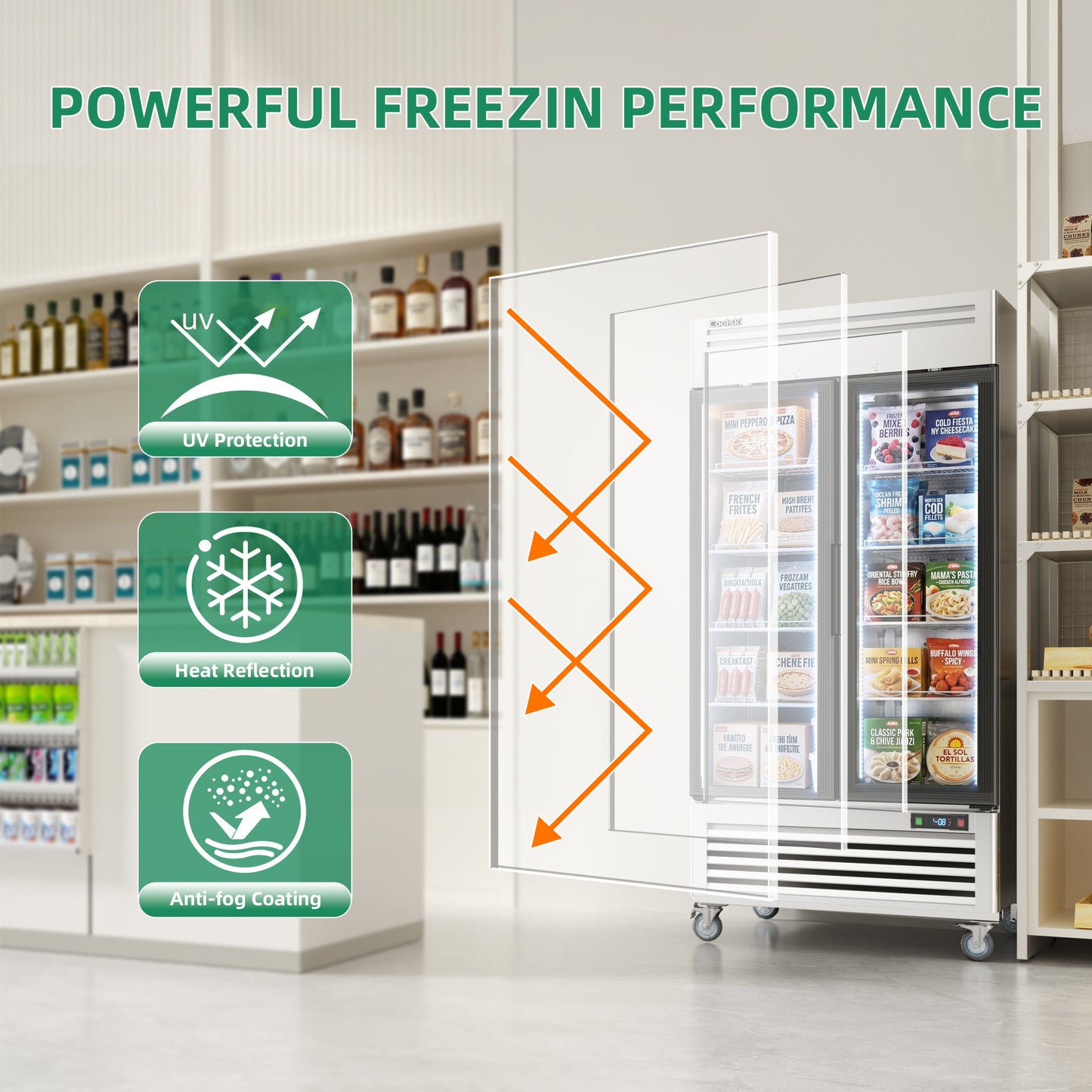 Coolski 40 in. 33.5 cu. ft. Auto / Cycle Defrost 2-Glass Door Commercial Reach In Display Upright Freezer in Stainless Steel