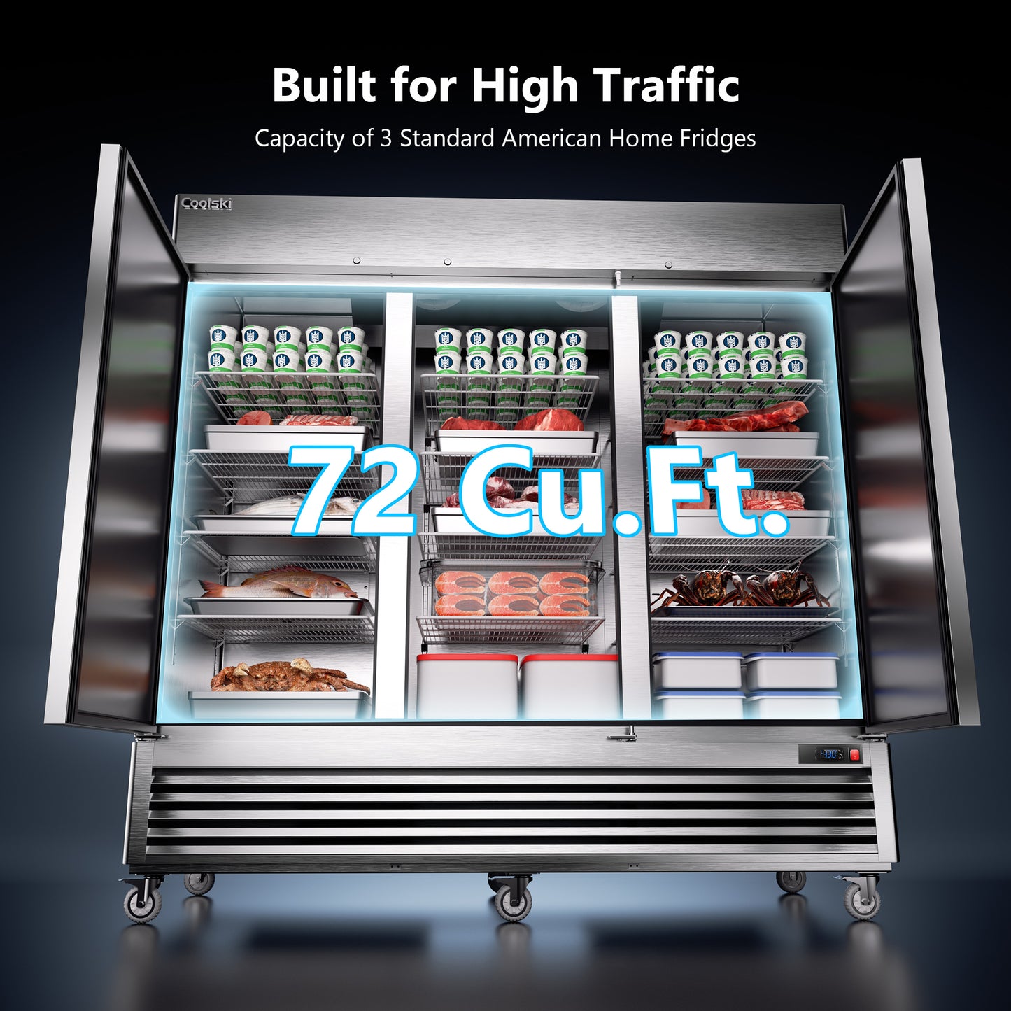 Coolski 82'' Commercial Freezer 3 Doors, Reach-In Upright Freezer for Restaurants Garages, -13 to -5℉ Temp Control Auto Defrost ETL NSF Approved