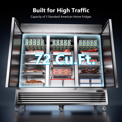 Coolski 82'' Commercial Freezer 3 Doors, Reach-In Upright Freezer for Restaurants Garages, -13 to -5℉ Temp Control Auto Defrost ETL NSF Approved