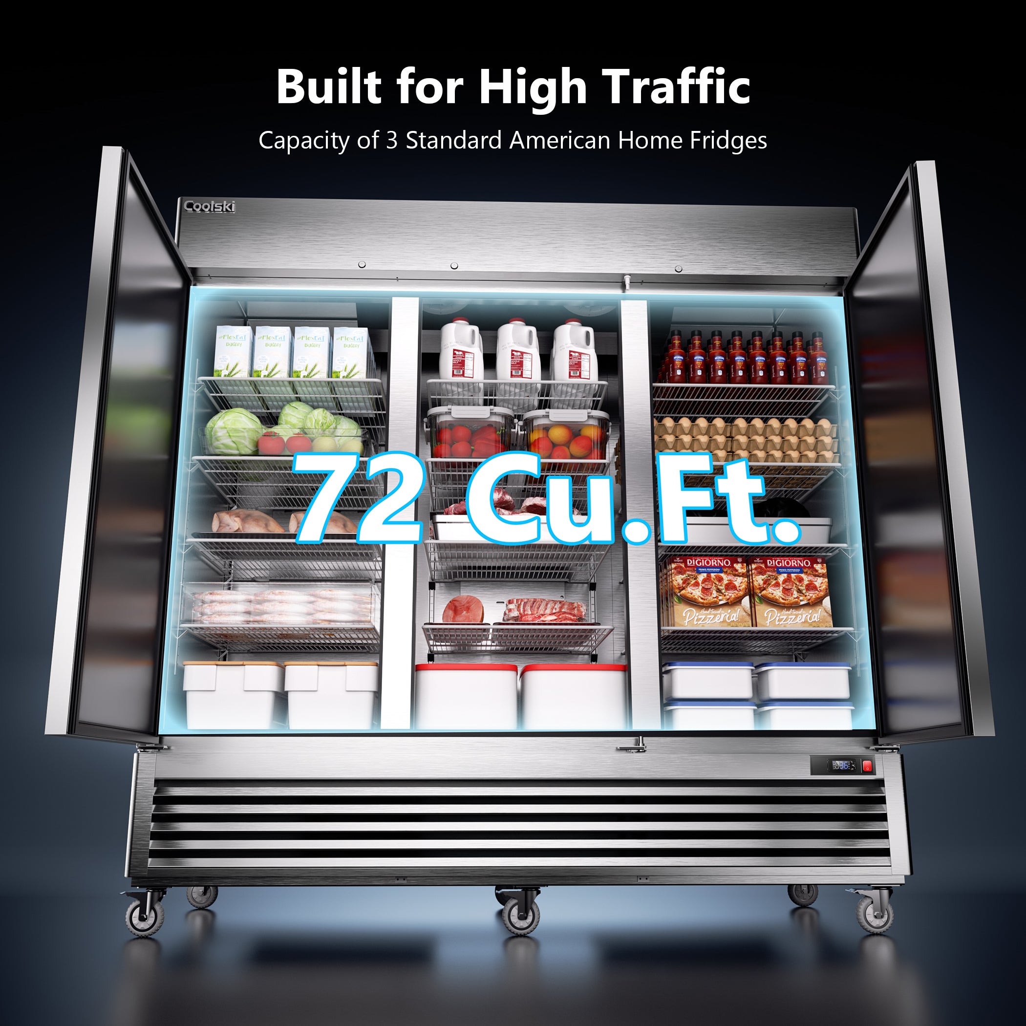 Coolski 82'' Commercial Refrigerator 3 Doors, Reach-In