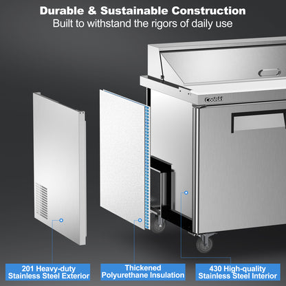 Coolski 48’’ W Commercial Refrigerator, Refrigerated Sandwich Salad Prep Table with 12 Pans Cutting Board, Mega Top/Stainless Steel/13 Cu.FT. Capacity/ETL NSF Approved