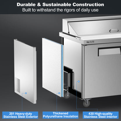 Coolski 60’’ W Commercial Refrigerator, Refrigerated Sandwich Salad Prep Table with 16 Pans/Mega Top/Cutting Board, 18 Cu.Ft. Large Capacity Stainless Steel ETL NSF Approved