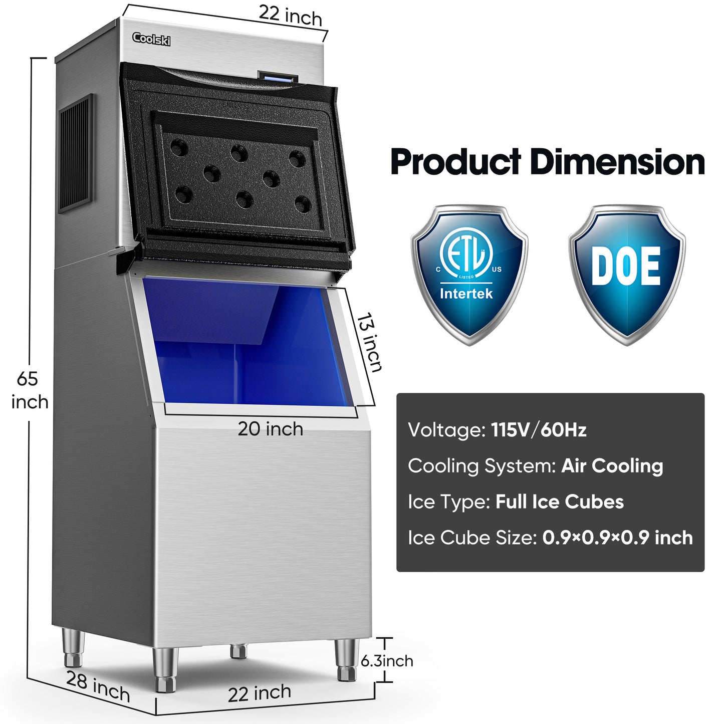 Coolski 22‘’ Commercial Ice Maker Machine 550LBS/24H, Large l Ice Maker with Storage Bin Cube Ice Stainless Steel