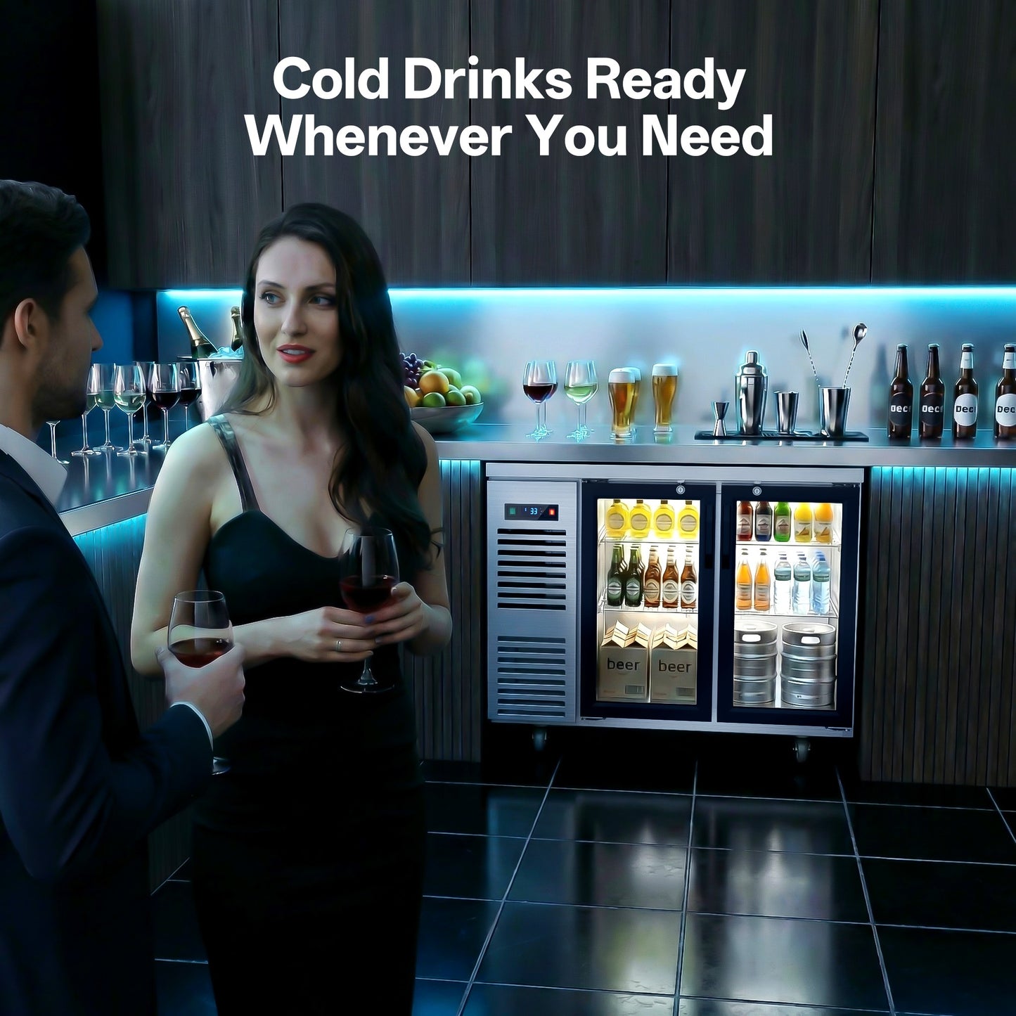 Coolski 48 in. W 15.1 cu. ft. Commercial Under Height Back Bar Cooler Refrigerator with Glass Door in Stainless Steel
