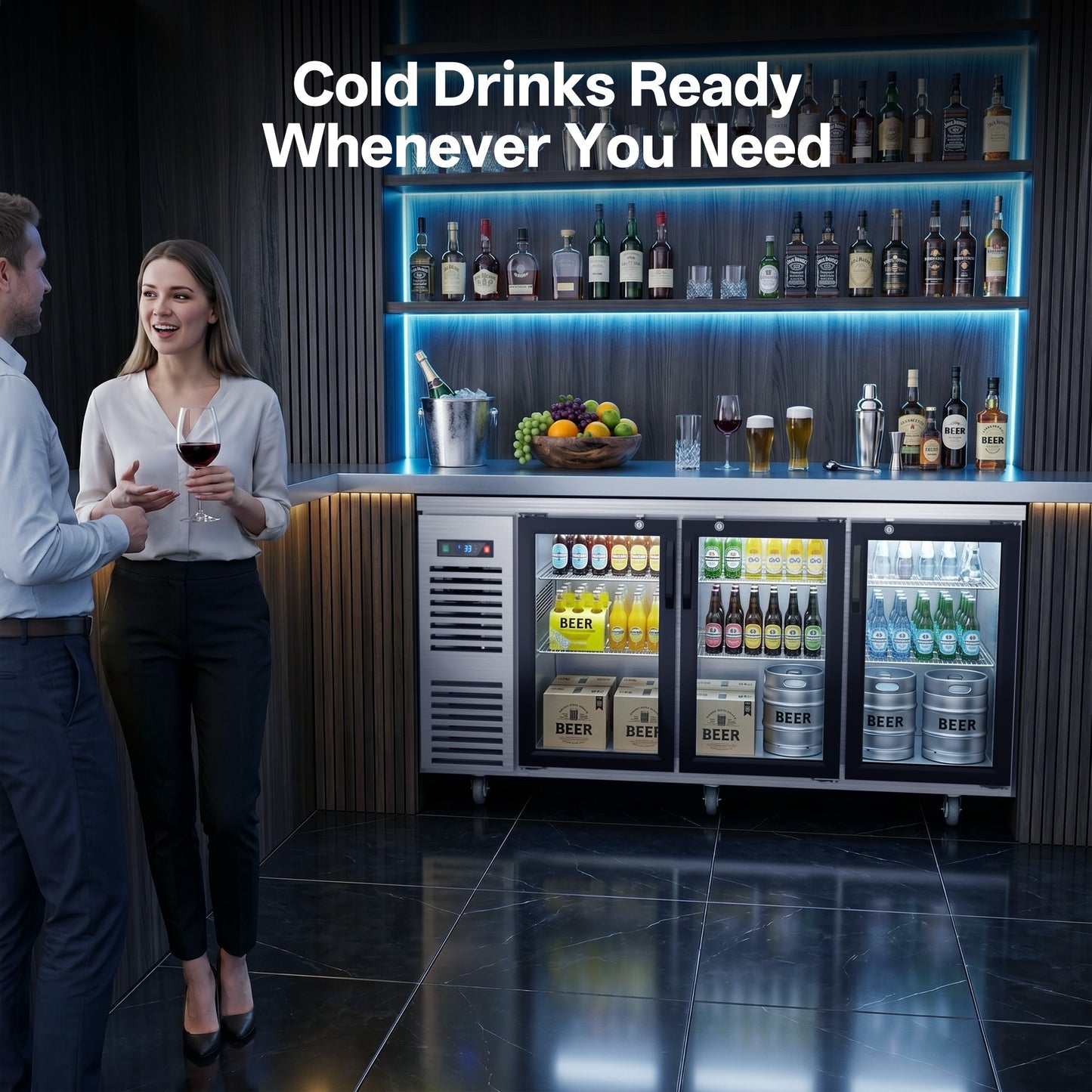 Coolski 72 in. W 25.6 cu. ft. Commercial Under Height Back Bar Cooler Refrigerator with Glass Door in Stainless Steel