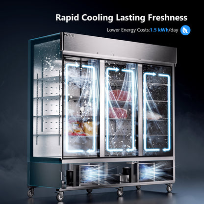 Coolski 82'' Commercial Refrigerator 3 Doors, Reach-In Refrigerator Fridge for Restaurants Bars Garages, Auto Defrost ETL NSF Approved