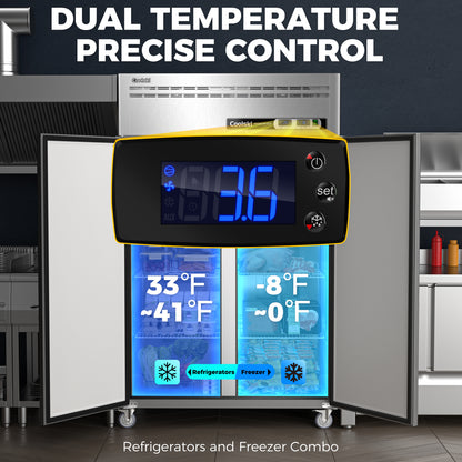 Coolski 48" W Commercial Refrigerator and Freezer Combo, 36 Cu.ft 2 Section Stainless Steel Solid Door