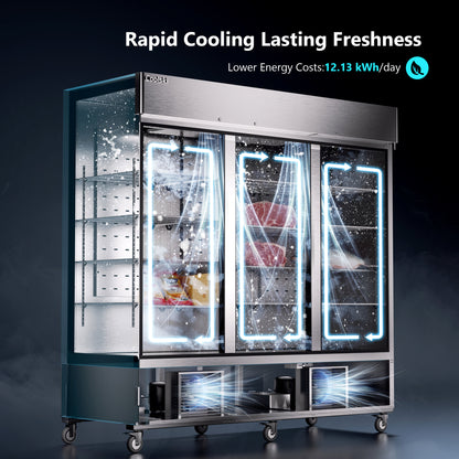 Coolski 82'' Commercial Freezer 3 Doors, Reach-In Upright Freezer for Restaurants Garages, -13 to -5℉ Temp Control Auto Defrost ETL NSF Approved