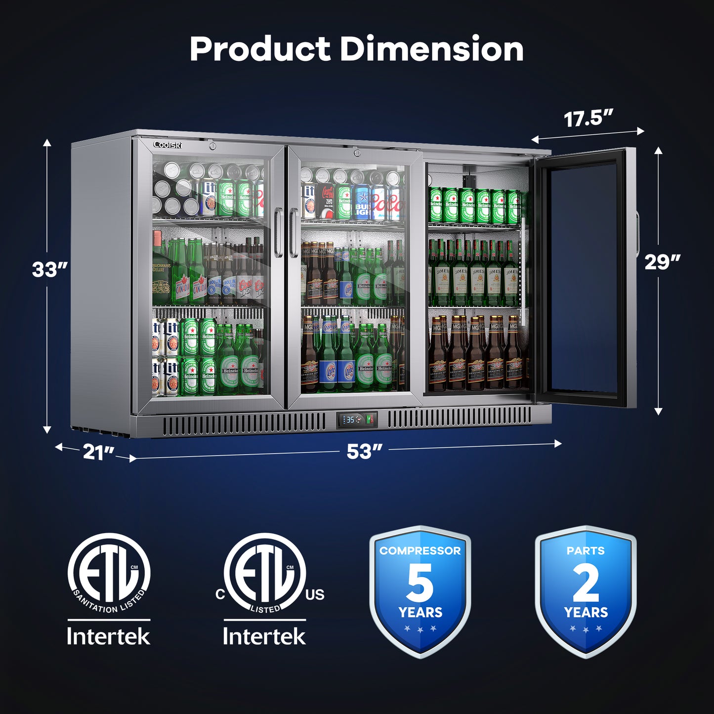 Coolski Beverage Refrigerator with 3 Doors, Commercial Back Bar Cooler for Beer Soda Wine