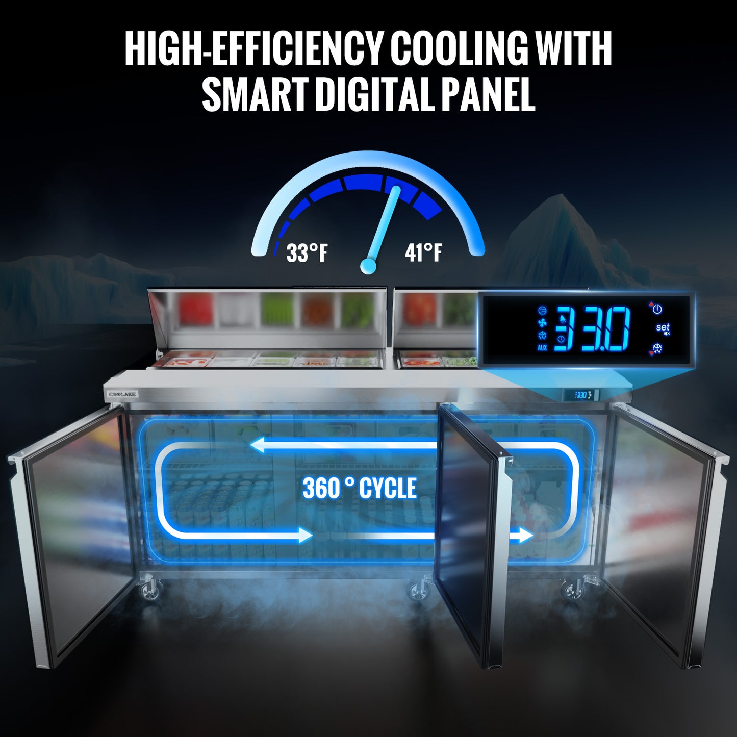 Coolake 72.7'' W 3 Door Commercial Refrigerator Sandwich Salad Prep Table, Stainless Steel 22 Cu.ft Counter Fan Cooling Refrigerator with 18 GN 1/6 Pans